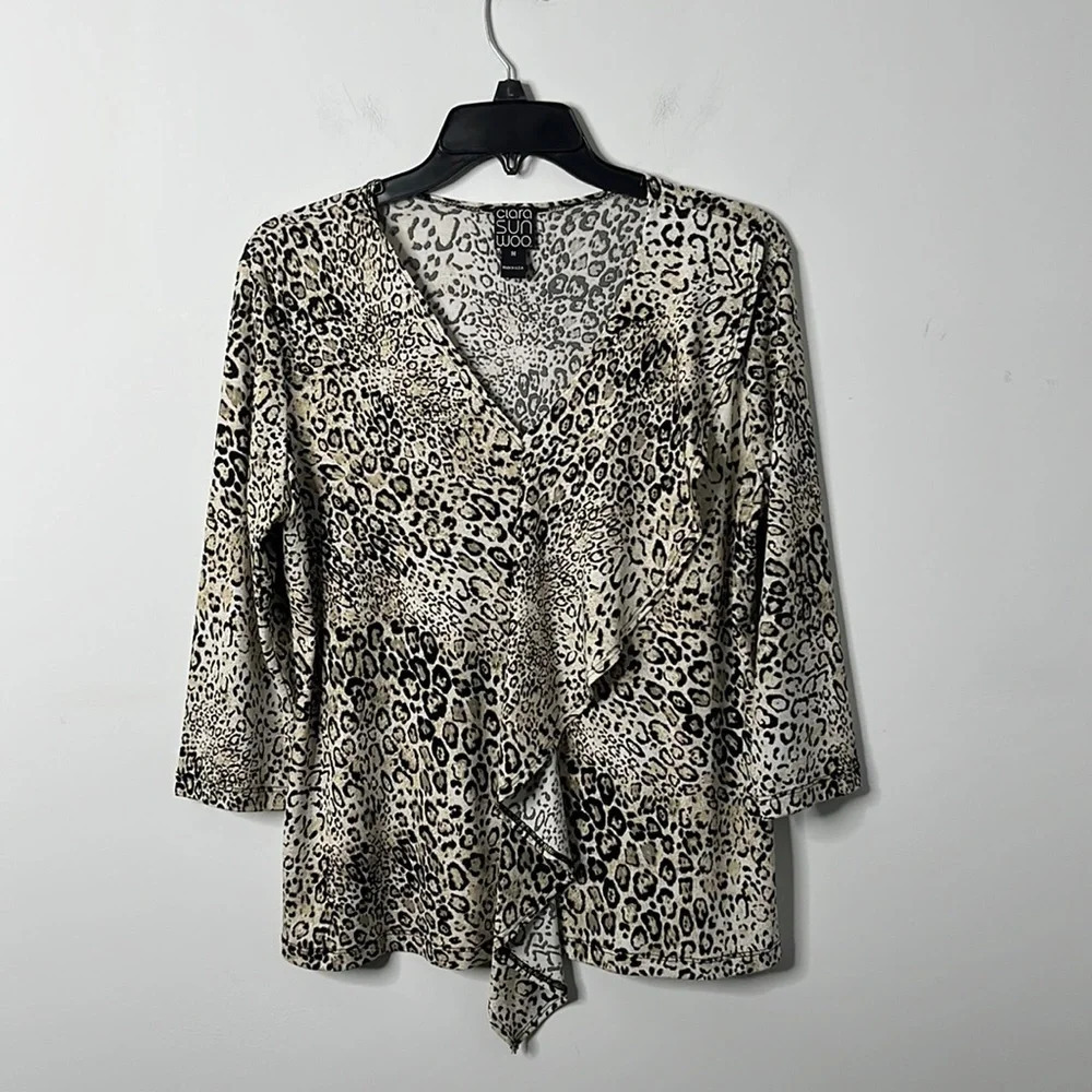 Clara Sun Woo Leopard Print Drape Ruffle Front V-neck Blouse